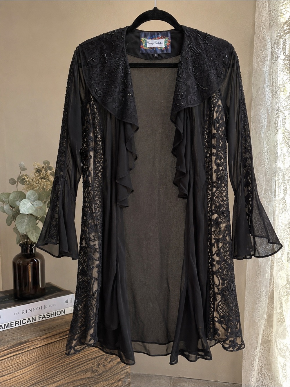 Vintage Academia Black Beaded Mesh Duster Cardigan Gothic Boho XS nwt Goth
